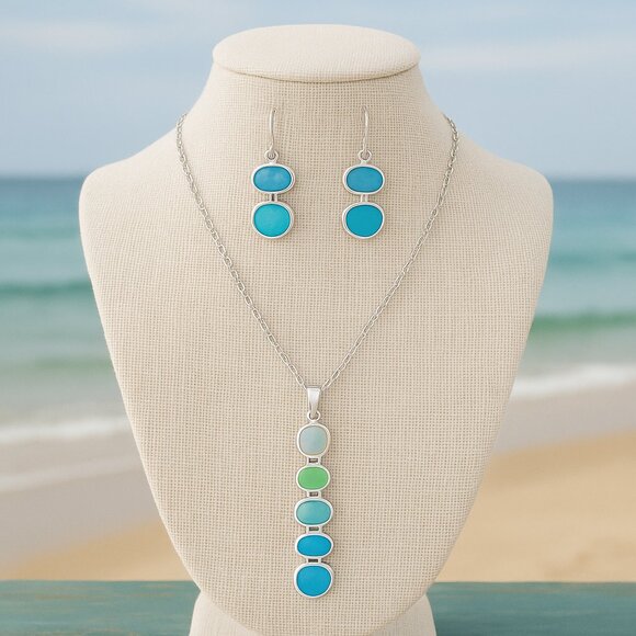 Lovely Natural Sea Glass Silver Hypoallergenic Beach Vibe Necklace Earrings SET - Picture 1 of 4